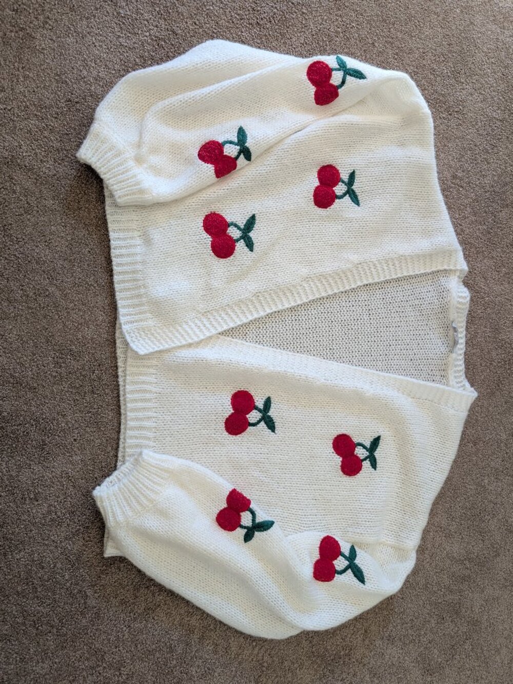 White with cherry appliques cardigan size large